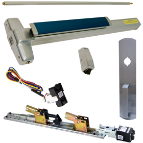 KIT - RX Request to Exit, QEL Quiet Electric Latch Retraction, CON Molex Connectors 24VDC, Heavy Duty Grooved SVR Surface Vertical Rod Exit Device, 990NL Night Latch Trim (Rim Cylinder Required), Key Retracts Latch Bolt, 48in x 84in, LBR Less Bottom Rods, No Dogging, Grade 1, 99 Series, 626/US26D Satin Chrome
