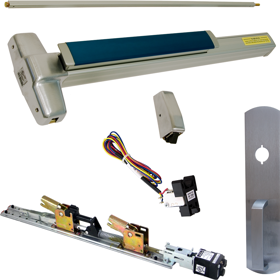 KIT - RX Request to Exit, QEL Quiet Electric Latch Retraction, CON Molex Connectors 24VDC, Heavy Duty Grooved SVR Surface Vertical Rod Exit Device, 990NL Night Latch Trim (Rim Cylinder Required), Key Retracts Latch Bolt, 36in x 84in, LBR Less Bottom Rods, No Dogging, Grade 1, 99 Series, 626/US26D Satin Chrome