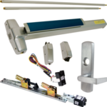 KIT - Fire-Rated, RX Request to Exit, QEL Quiet Electric Latch Retraction, CON Molex Connectors 24VDC, Heavy Duty Grooved SVR Surface Vertical Rod Exit Device, 996L-NL-06 Night Latch Lever Trim (Rim Cylinder Required), Key Retracts Latch Bolt, RHR Right Hand Reverse/Reversible Handing (Snap Ring Tool Required), 36in x 84in, No Dogging, Grade 1, 99 Series, 626/US26D Satin Chrome