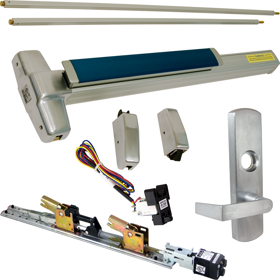 KIT - Fire-Rated, RX Request to Exit, QEL Quiet Electric Latch Retraction, CON Molex Connectors 24VDC, Heavy Duty Grooved SVR Surface Vertical Rod Exit Device, 996L-NL-06 Night Latch Lever Trim (Rim Cylinder Required), Key Retracts Latch Bolt, LHR Left Hand Reverse/Reversible Handing (Snap Ring Tool Required), 36in x 84in, No Dogging, Grade 1, 99 Series, 626/US26D Satin Chrome
