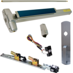 KIT - Fire-Rated, RX Request to Exit, QEL Quiet Electric Latch Retraction, CON Molex Connectors 24VDC, Heavy Duty Grooved SVR Surface Vertical Rod Exit Device, 990NL Night Latch Trim (Rim Cylinder Required), Key Retracts Latch Bolt, 36in x 84in, LBR Less Bottom Rods, No Dogging, Grade 1, 99 Series, 626/US26D Satin Chrome