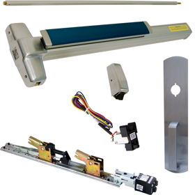 KIT - Fire-Rated, RX Request to Exit, QEL Quiet Electric Latch Retraction, CON Molex Connectors 24VDC, Heavy Duty Grooved SVR Surface Vertical Rod Exit Device, 990NL Night Latch Trim (Rim Cylinder Required), Key Retracts Latch Bolt, 36in x 84in, LBR Less Bottom Rods, No Dogging, Grade 1, 99 Series, 626/US26D Satin Chrome