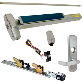 KIT - Fire-Rated, RX Request to Exit, QEL Quiet Electric Latch Retraction, CON Molex Connectors 24VDC, Heavy Duty Grooved SVR Surface Vertical Rod Exit Device, 996L-06 Lever Trim (Rim Cylinder Required), Key Locks/Unlocks Trim, LHR Left Hand Reverse/Reversible Handing (Snap Ring Tool Required), 48in x 84in, LBR Less Bottom Rods, No Dogging, Grade 1, 99 Series, 626/US26D Satin Chrome