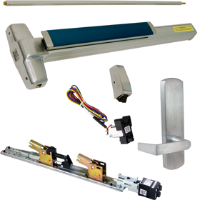 KIT - Fire-Rated, RX Request to Exit, QEL Quiet Electric Latch Retraction, CON Molex Connectors 24VDC, Heavy Duty Grooved SVR Surface Vertical Rod Exit Device, 996L-DT-06 Dummy Lever Trim, Latch Retraction Activates Pull, LHR Left Hand Reverse/Reversible Handing (Snap Ring Tool Required), 48in x 84in, LBR Less Bottom Rods, No Dogging, Grade 1, 99 Series, 626/US26D Satin Chrome