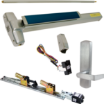 KIT - Fire-Rated, RX Request to Exit, QEL Quiet Electric Latch Retraction, CON Molex Connectors 24VDC, Heavy Duty Grooved SVR Surface Vertical Rod Exit Device, 996L-DT-06 Dummy Lever Trim, Latch Retraction Activates Pull, RHR Right Hand Reverse/Reversible Handing (Snap Ring Tool Required), 48in x 84in, LBR Less Bottom Rods, No Dogging, Grade 1, 99 Series, 626/US26D Satin Chrome