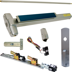 KIT - Fire-Rated, RX Request to Exit, QEL Quiet Electric Latch Retraction, CON Molex Connectors 24VDC, Heavy Duty Grooved SVR Surface Vertical Rod Exit Device, 990NL Night Latch Trim (Rim Cylinder Required), Key Retracts Latch Bolt, 36in x 84in, LBR Less Bottom Rods, AFL Auxiliary Fire Latch/Pin, No Dogging, Grade 1, 99 Series, 626/US26D Satin Chrome